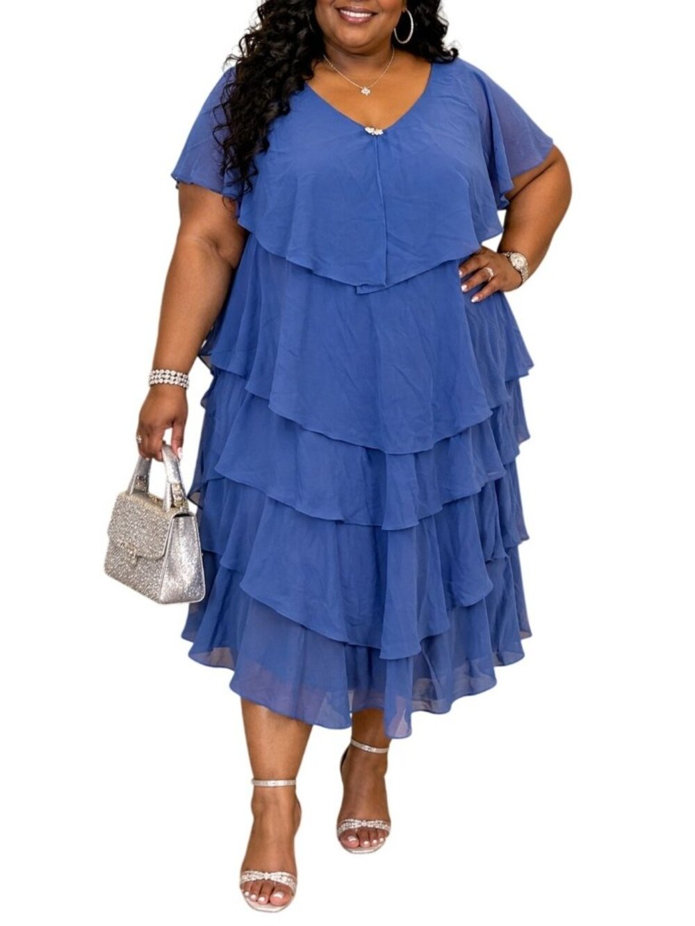 Woman Within Plus Size 28W Dress Royal Blue Tiered Ruffle Jeweled Detail Flowy